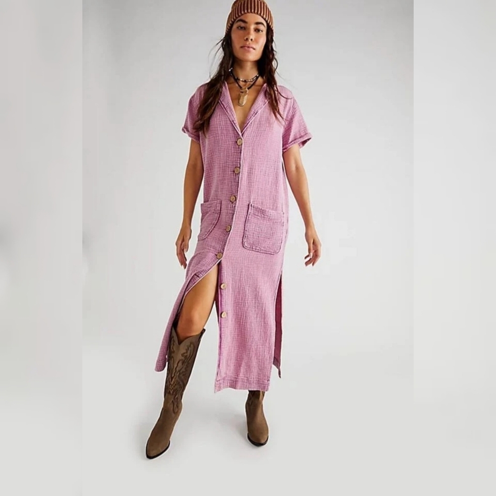 Free People Button Front Almeda Midi Dress Wine Purple Women's Size XL